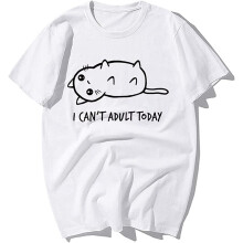 (Medium) Cartoon Cat Tshirt I Can'T Adult Today Letter Print T Shirt Summer Cotton Short Sleeve Harajuku Tshirt White