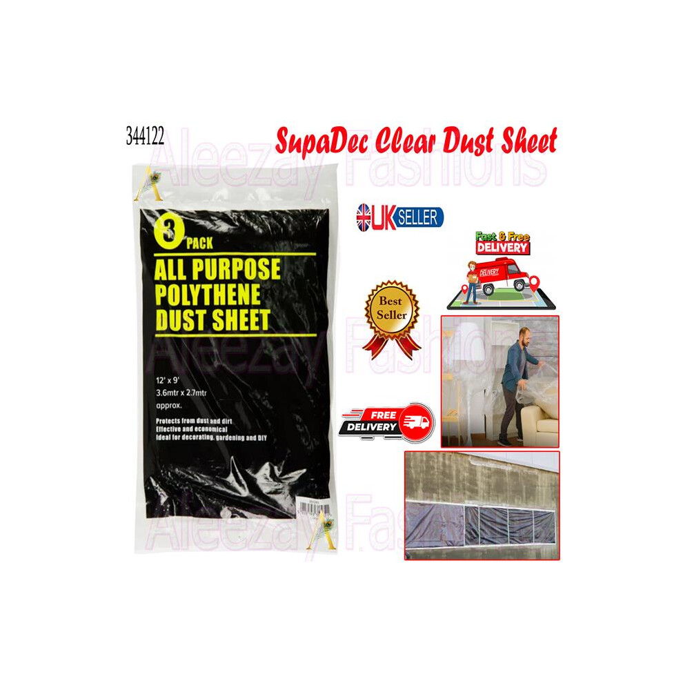 Decorating All Purpose Polythene Clear Dust Sheet 12' X 9' Pack 3 5017193355621