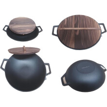 Vintage Gourmet® 35cm Cast Iron Wok with Wooden Lid, Pre-Seasoned