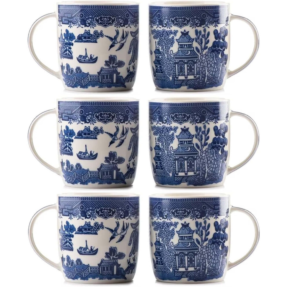 AuraHome Blue Willow Barrel Mug Set, 350ml, Bone China, Set of 6