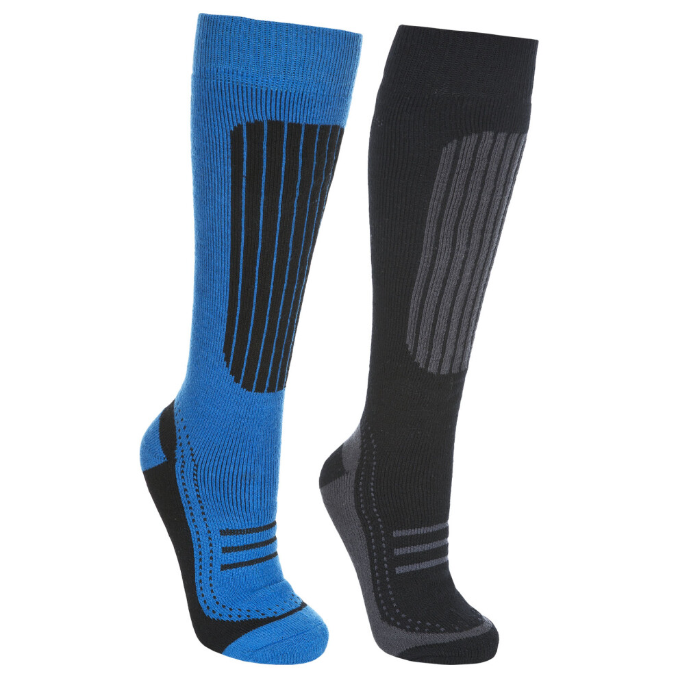 (4/7, Black / Bright Blue) Trespass Mens Ski Socks 2 Pack Langdon II