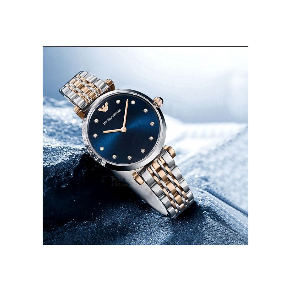 ARMANI AR11092 WOMENS WATCH SILVER GOLD STRAP BLUE DIAL SILVER CASE