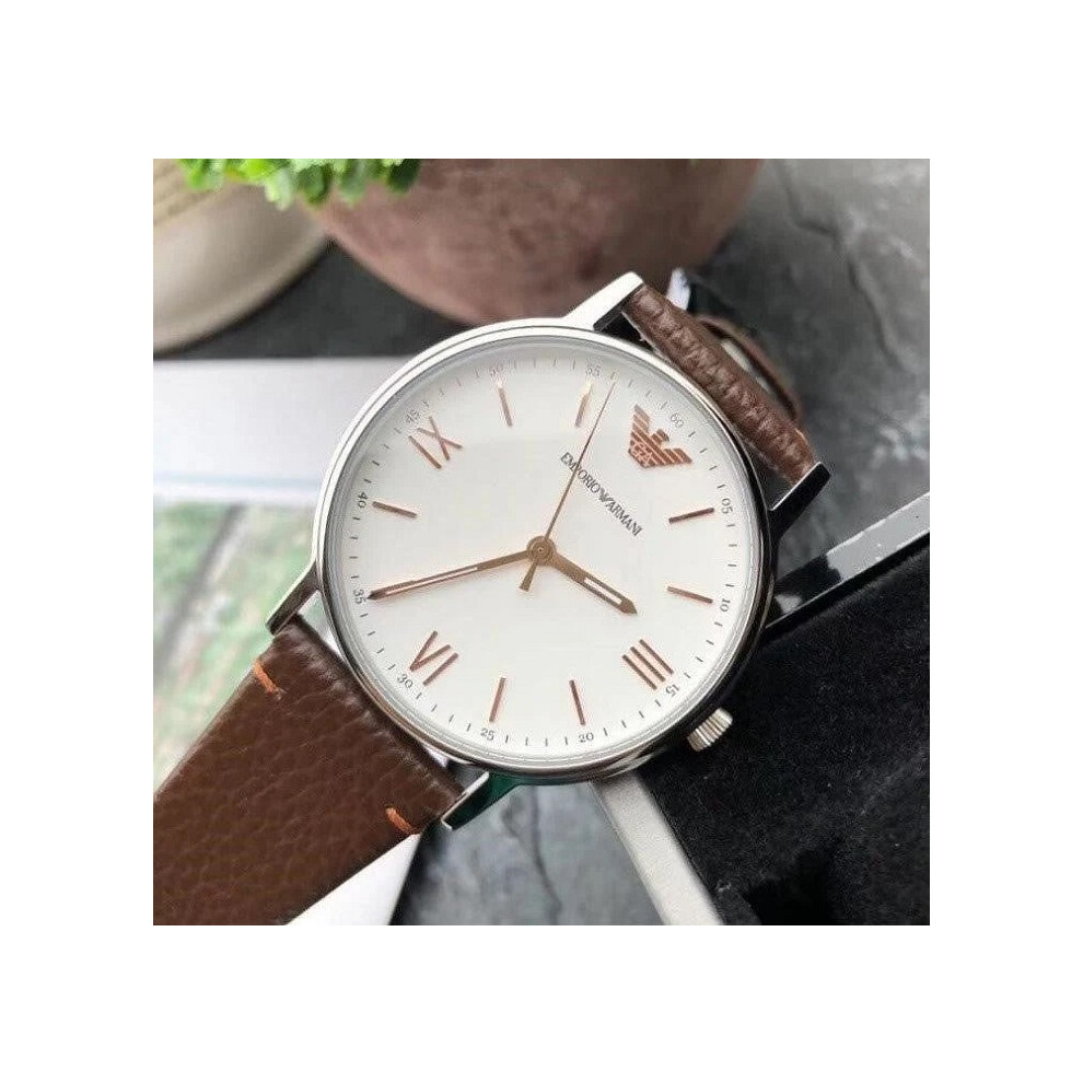 EMPORIO ARMANI AR11103 MENS WATCH BROWN STRAP WHITE DIAL SILVER CASE