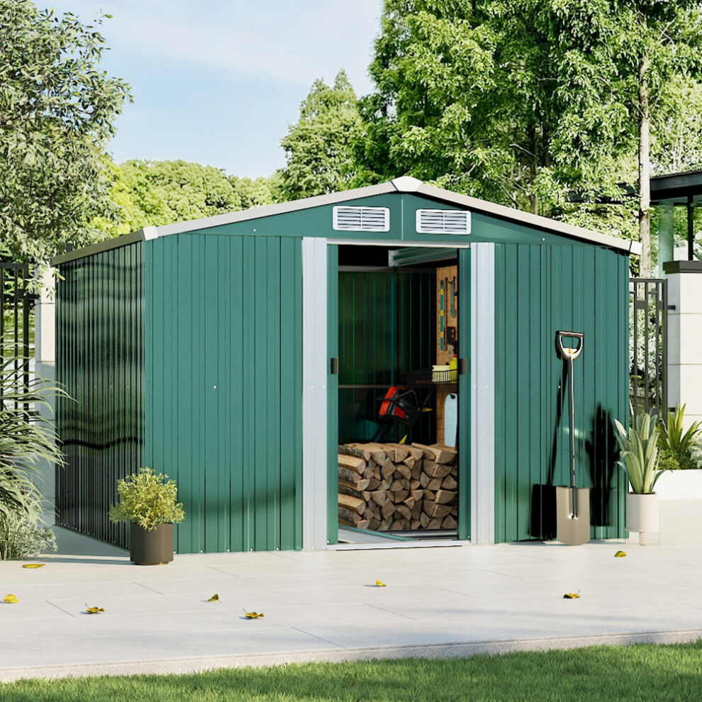 8 x 6 ft Dark Green Large Metal Garden Tool Storage Shed with Base