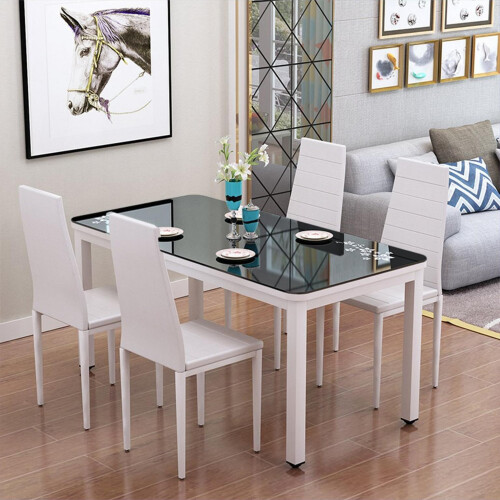 Living And Home (White) Set of 4 Modern PU Leather High Back Kitchen Dining Chairs