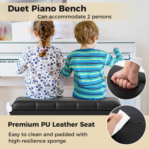 Casart Adjustable Duet Piano Bench with Storage Piano Stool w/ Cushion Black 1