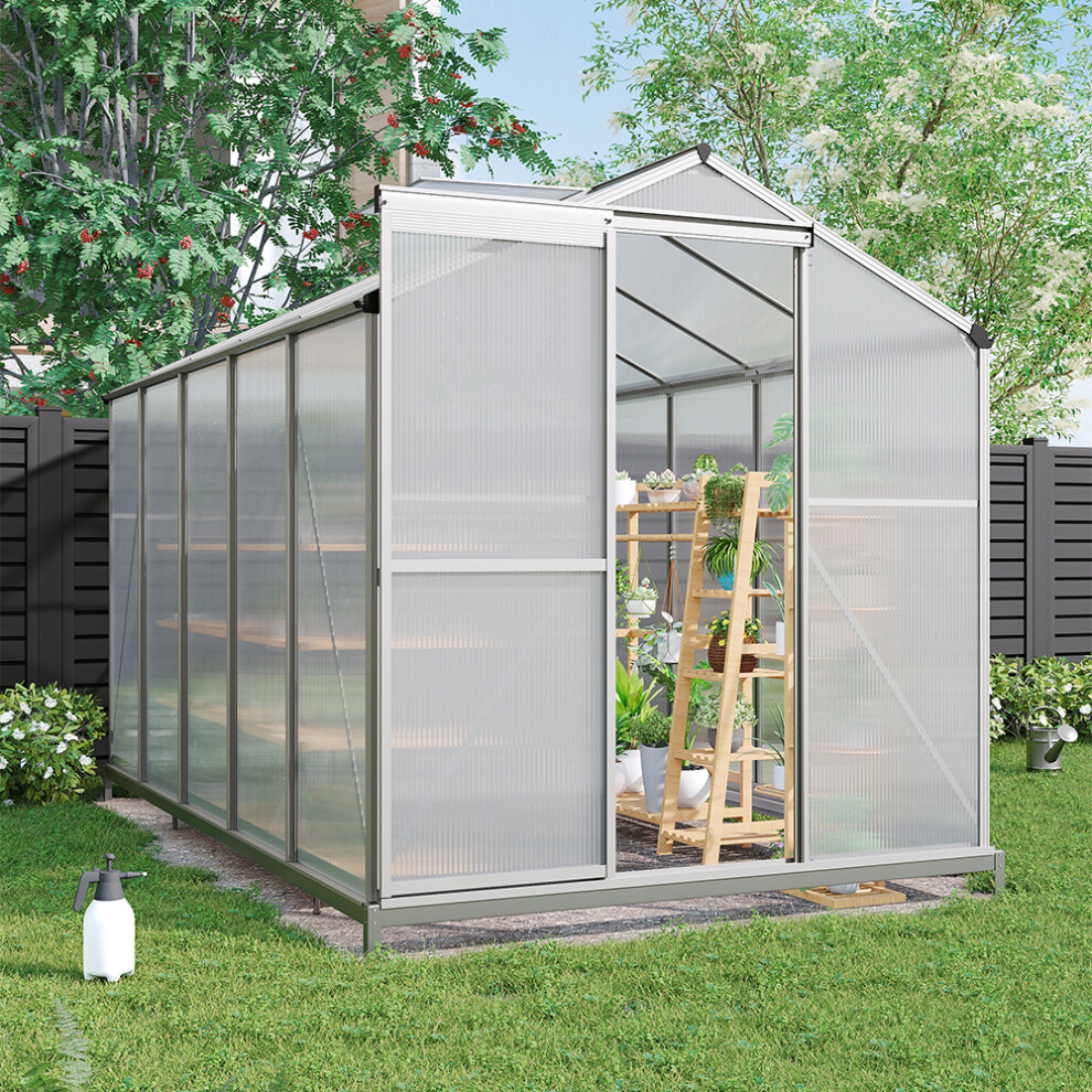 Polycarbonate Greenhouse Aluminium Frame Walk In Garden Green House with Base Foundation Silver 10x6 ft