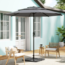 (Light Grey, 4Pcs 15L Water Tanks) 3-Tier Garden Parasol Sun Shade Tilting Umbrella