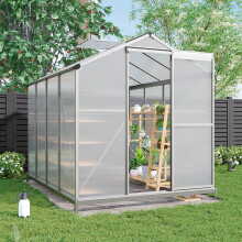 Polycarbonate Greenhouse Aluminium Frame Walk In Garden Green House with Base Foundation,Silver 8x6 ft