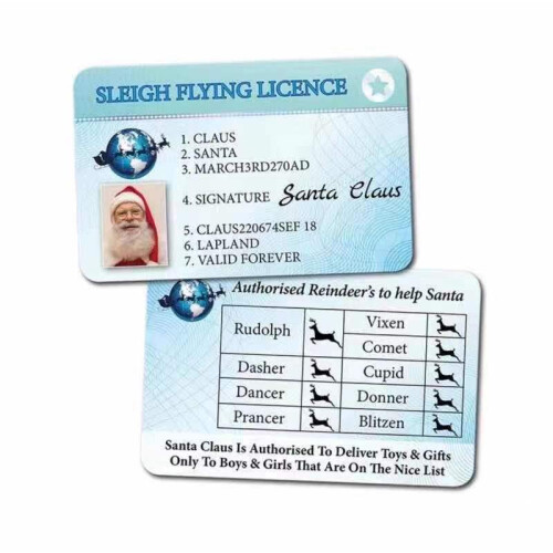 (E) 50 X Plastic Santa Claus Flying Licence Christmas Eve Box Driving Licence Style