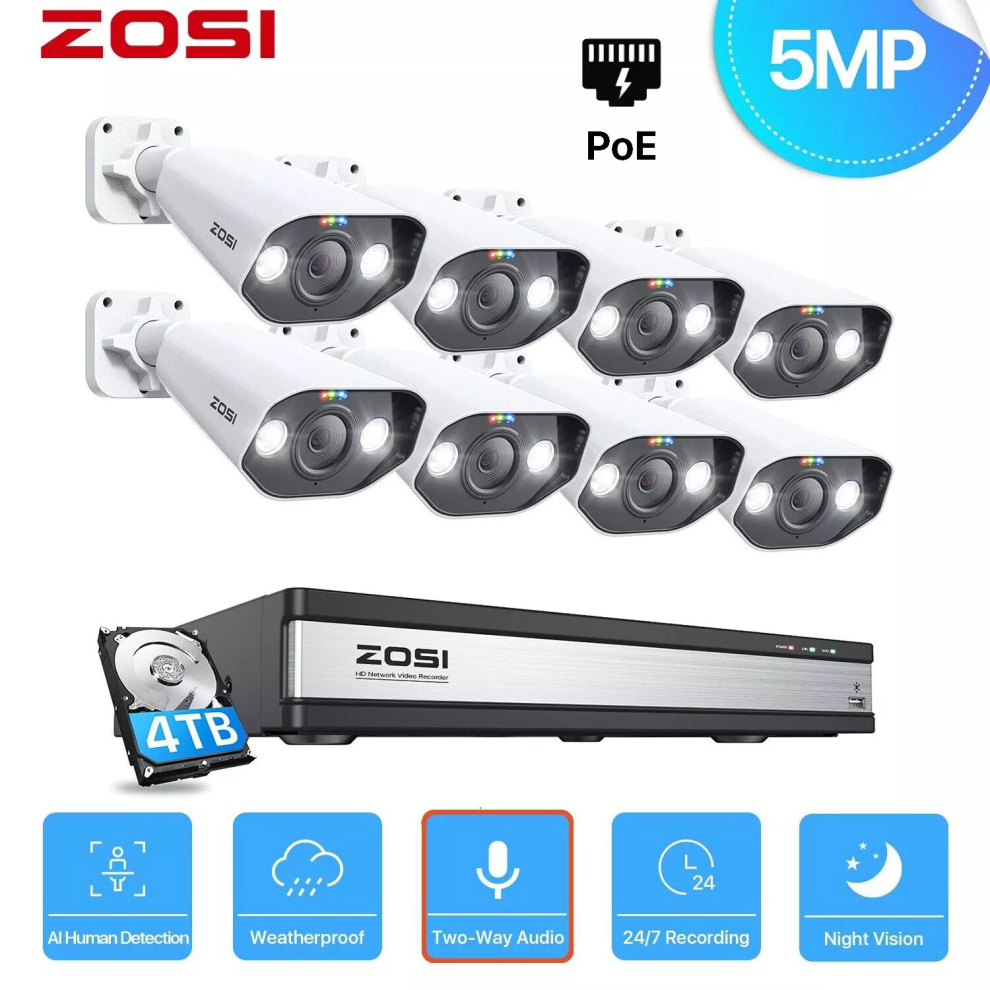 Zosi 16Ch 4K Uhd Poe Cctv System 5Mp Ip Camera 8Mp Nvr With 4Tb Hdd 6941709245009