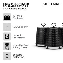 Tower Solitaire Set of 3 Canisters, Mirror Finished Steel Lid, Airtight, Black, T826207BLK