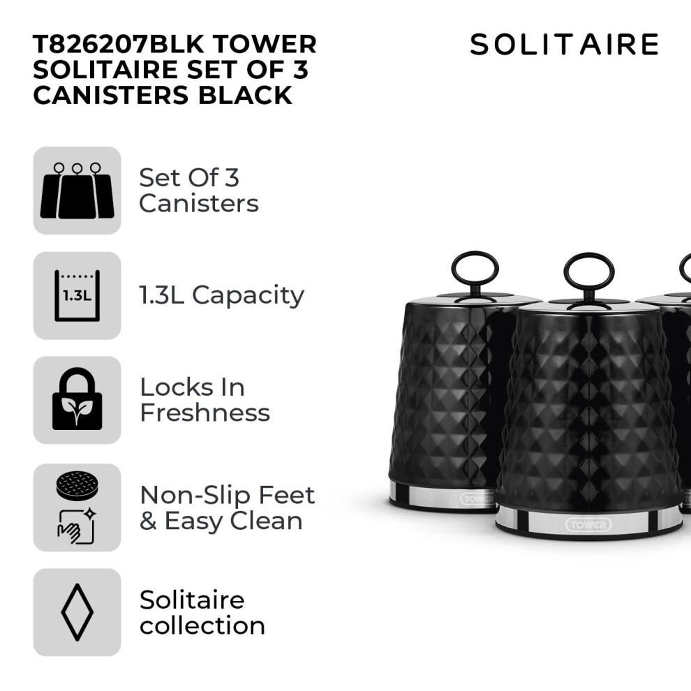 Tower Solitaire 3-Canister Set with Mirror-Finish Steel Lids, Airtight, Black - T826207BLK