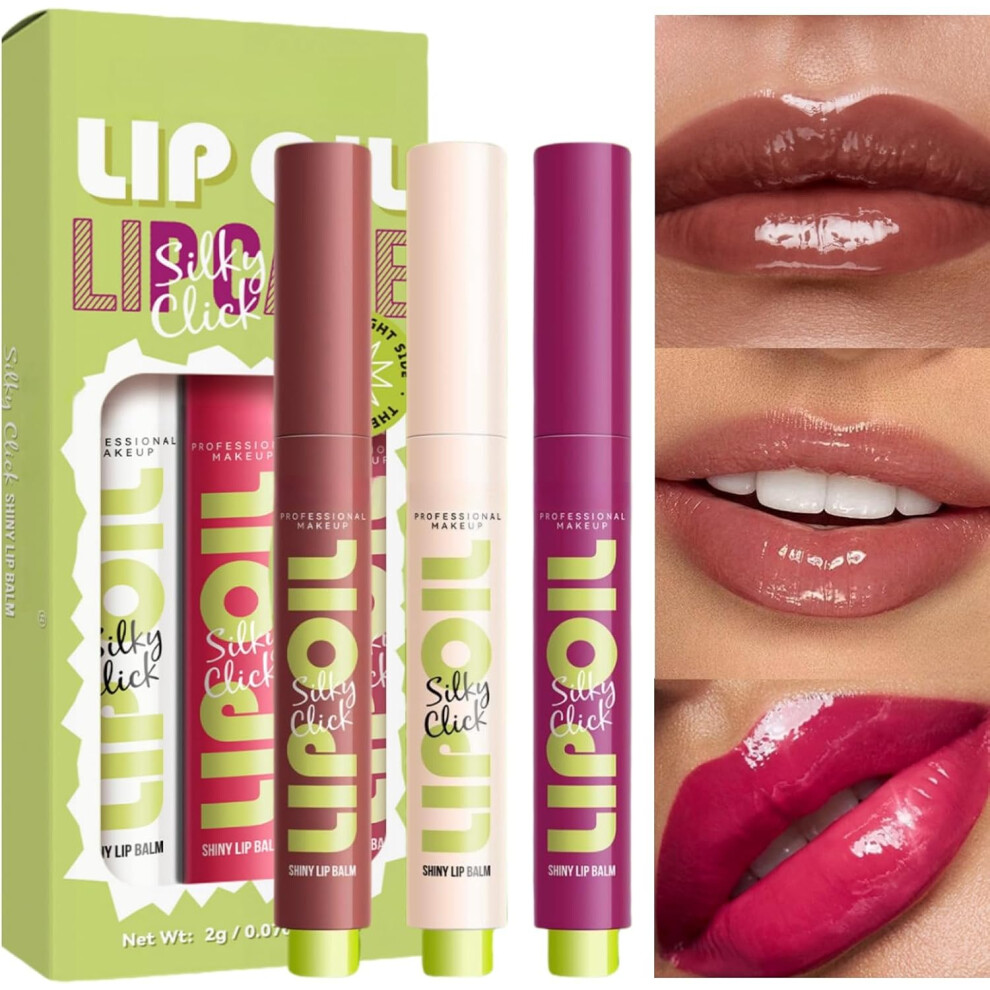 Gogerstar 3Pcs Plumping Lip Oil Set,Fat Lip Oil,Press Lipstick Solid Moisturizing Lip Balm,Glitter Shine Tinted Lip Oil Set,Plumps Liquid Lipgloss Balm