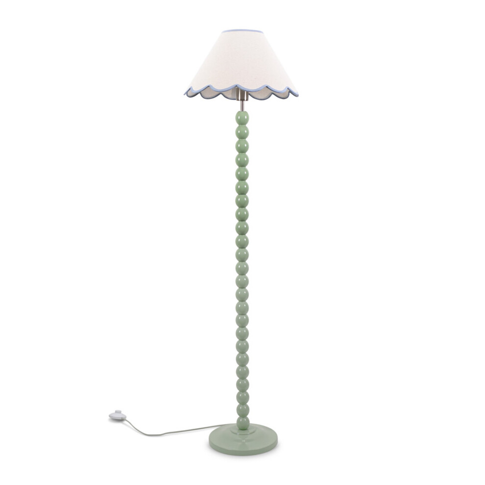 ValueLights Bobbins Sage Green Floor Lamp Linen Blue Scallop Shade