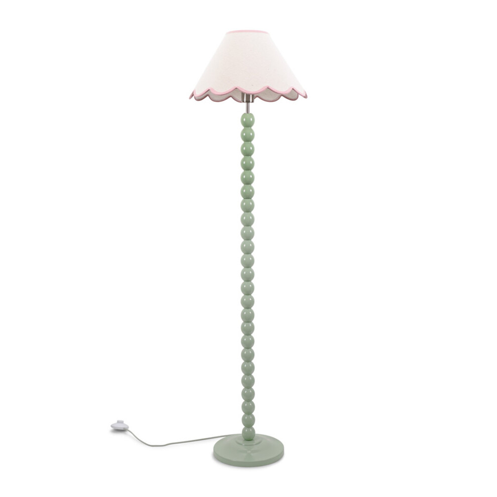 ValueLights Bobbins Sage Green Floor Lamp Linen Pink Scallop Shade