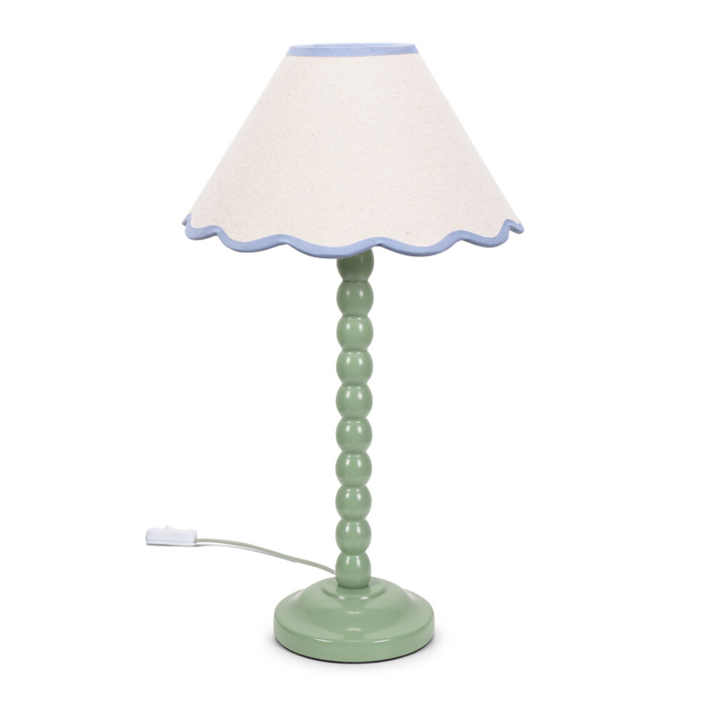 ValueLights Bobbins Sage Green Table Lamp Linen Blue Scallop Shade