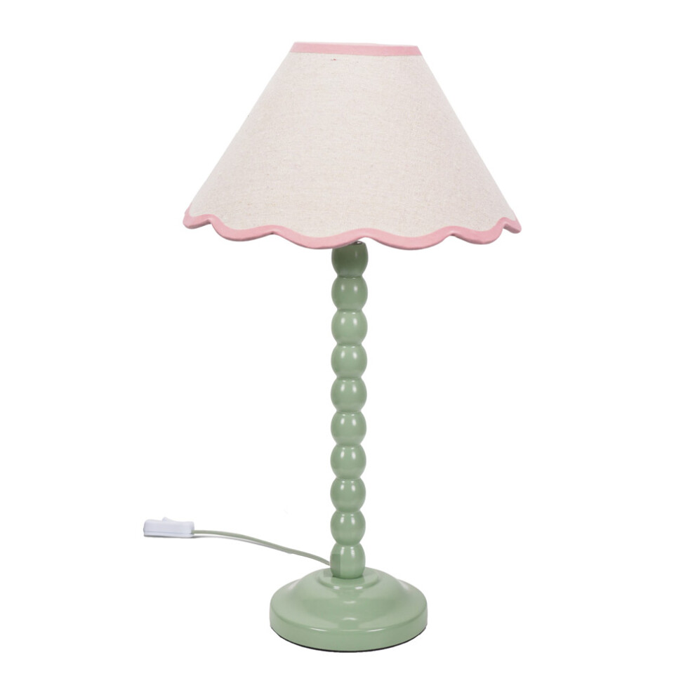 ValueLights Bobbins Sage Green Table Lamp Linen Pink Scallop Shade