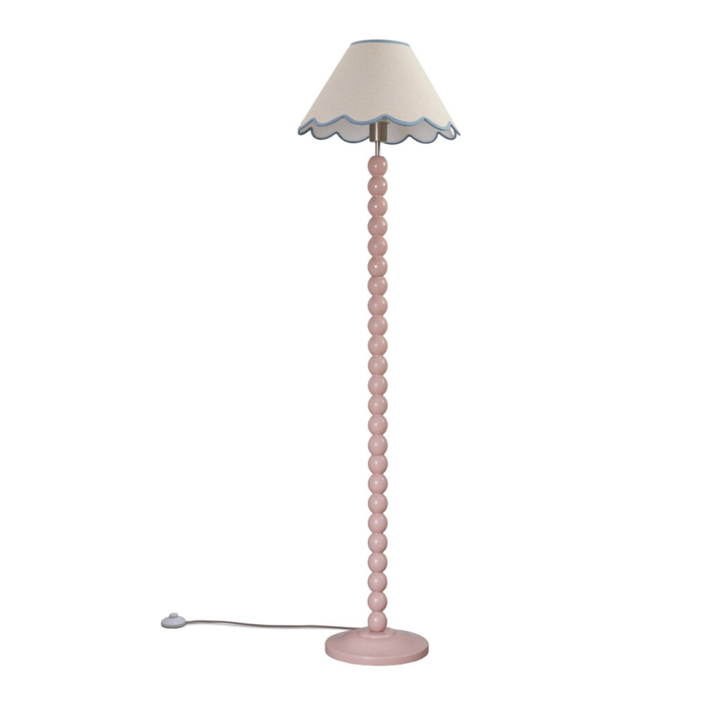 ValueLights Bobbins Rose Pink Floor Lamp Linen Blue Scallop Shade