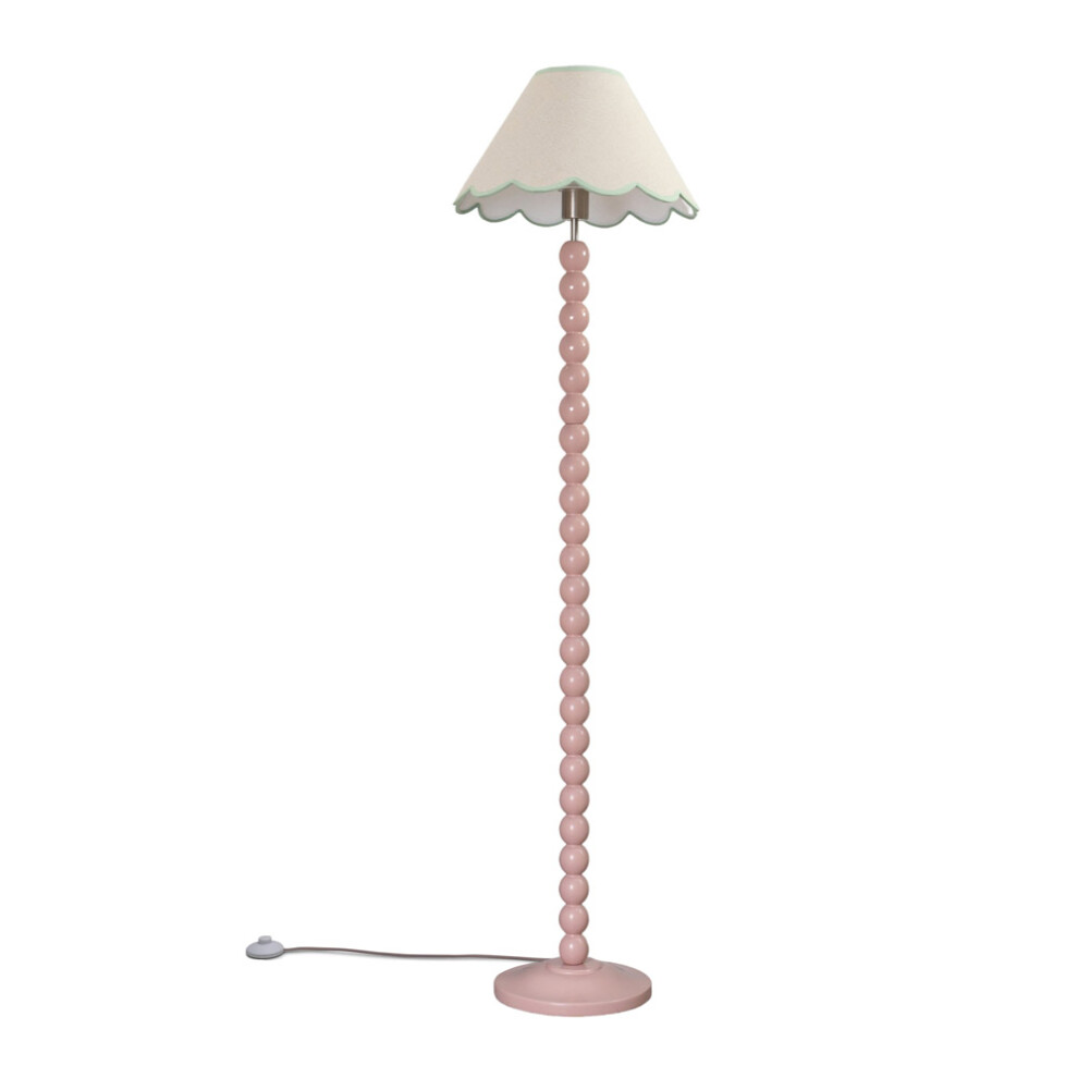 ValueLights Bobbins Rose Pink Floor Lamp Linen Green Scallop Shade