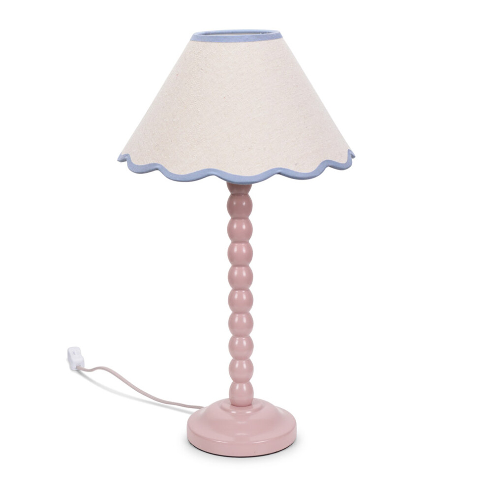 ValueLights Bobbins Rose Pink Table Lamp Linen Blue Scallop Shade