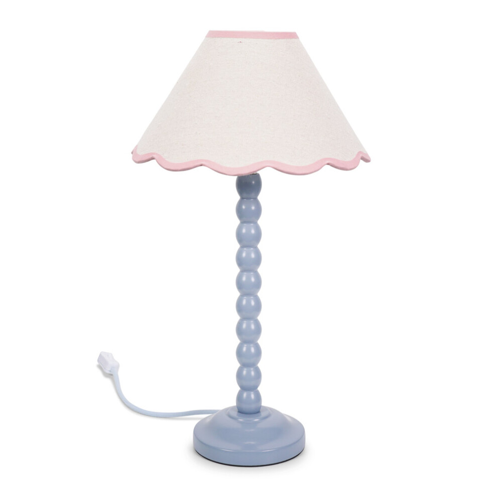 ValueLights Bobbins Powder Blue Table Lamp Linen Pink Scallop Shade