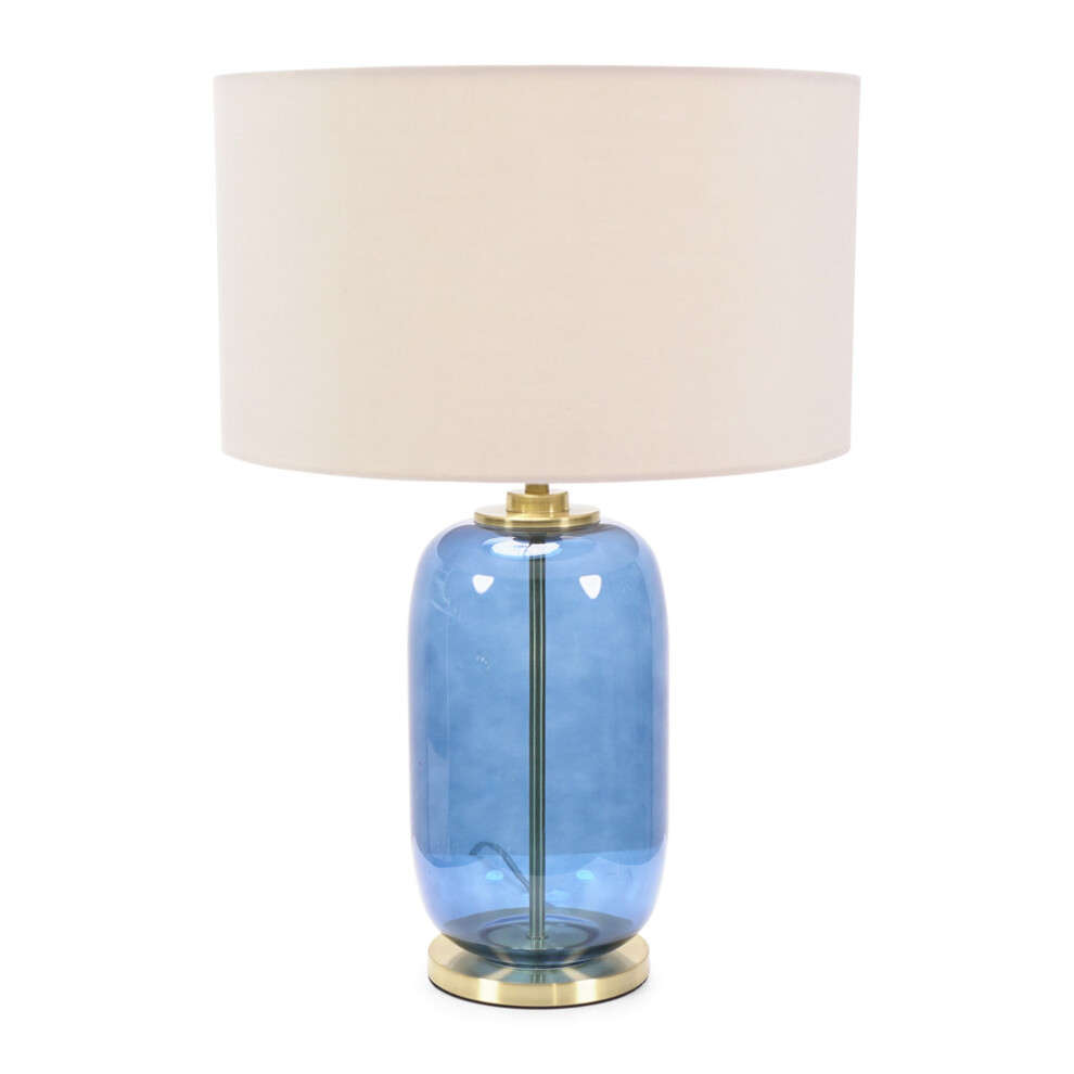 ValueLights Leigh Natural Shade Navy Blue Glass Gold Trim Table Lamp