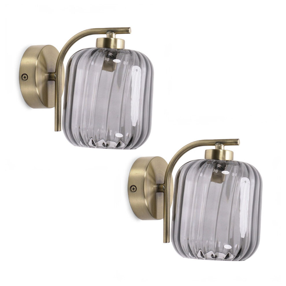 ValueLights Amelie Pair of Gold Stem Ribbed Glass Lamp Wall Light