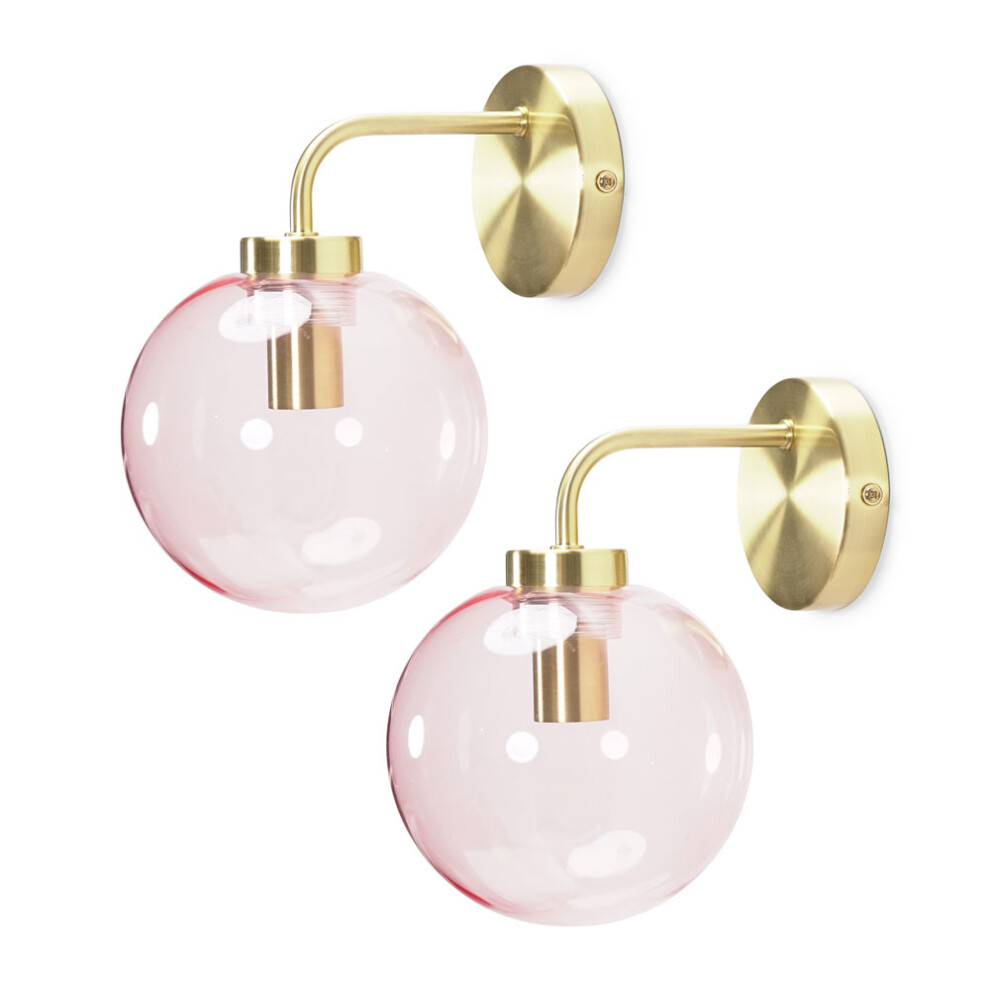 ValueLights Frenchie Pair Pink Glass Globe Single Gold Wall Lights