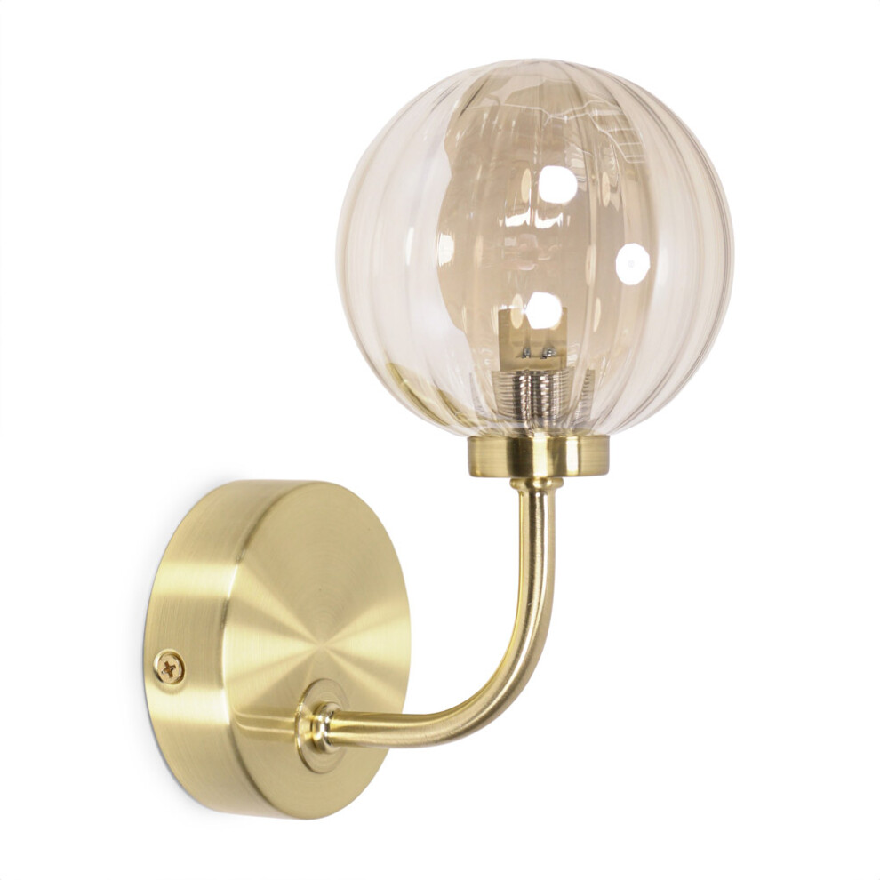 ValueLights Chessy Ribbed Glass Globe Shade Gold Wall Light & LED Bulb