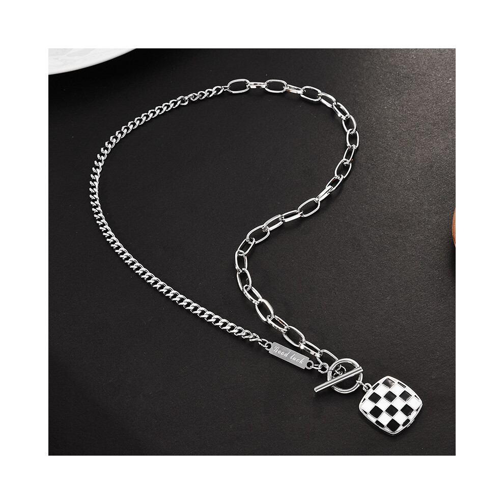 (Checkered Square Necklace) Trendy Heart Shape Titanium Steel Necklace Featuring Stylish Black And White Checkerboard Design