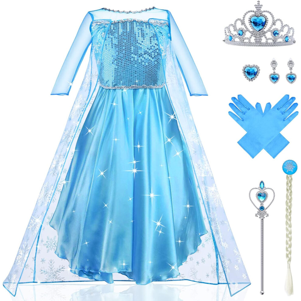 (6-7 Years) Elsa Anna Dress Up for Girls Deluxe Girls Fancy Dress for Party Cosplay Bridesmaid Pageant