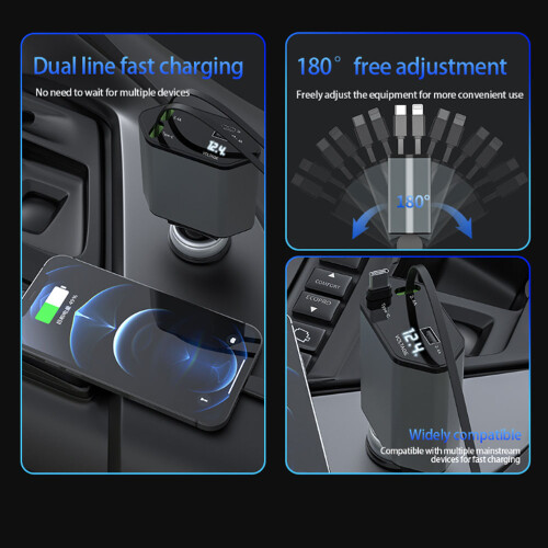 Chargeur de voiture rétractable 120W à charge rapide USB et TYPE-C Apple 2