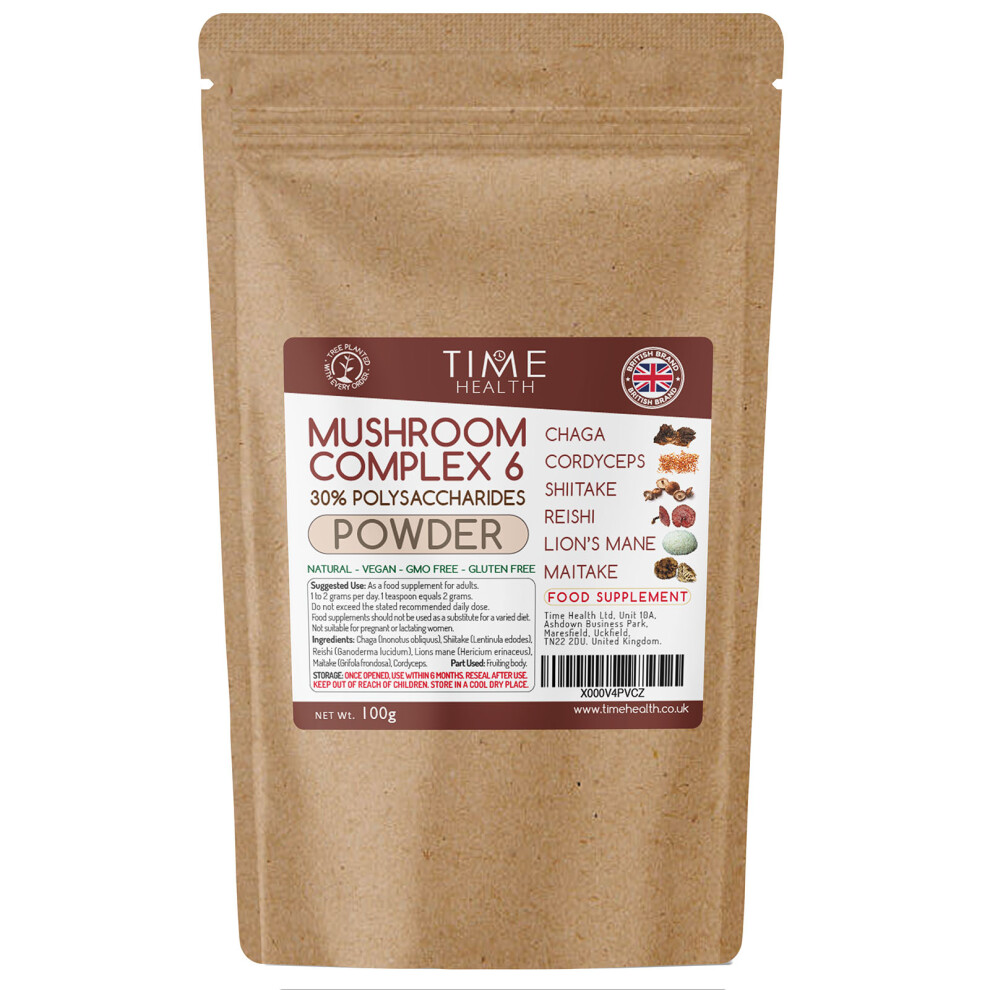 Time Health Mushroom Complex 6 - 100G Powder - Chaga - Cordyceps - Shiitake - Reishi - Lion's Mane - Maitake - 30% Polysaccharides