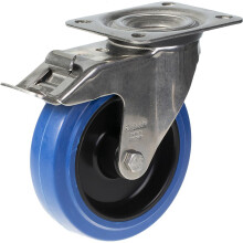 125mm stainless steel swivel/brake castor with blue elastic rubber on nylon cent