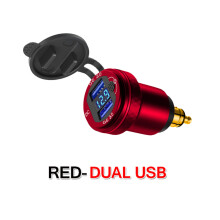 (Red) Motorcycle Aluminium DIN Hella Plug Dual USB Quick Charger Adapter LED
