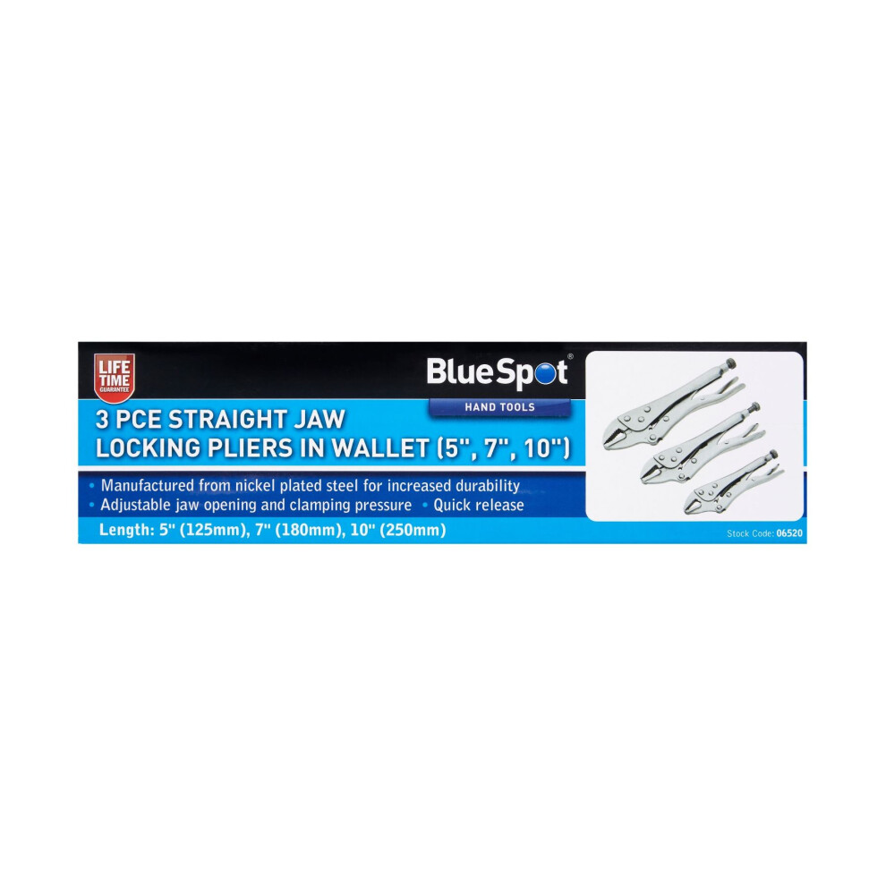 Blue Spot Tools - 3 Pce Straight Jaw Locking Pliers In Wallet (5", 7", 10") 5028734065206