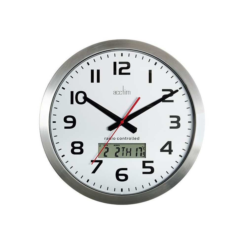 ACCTIM - Radio Controlled Analogue Wall Clock with LCD Display 38cm - Silver