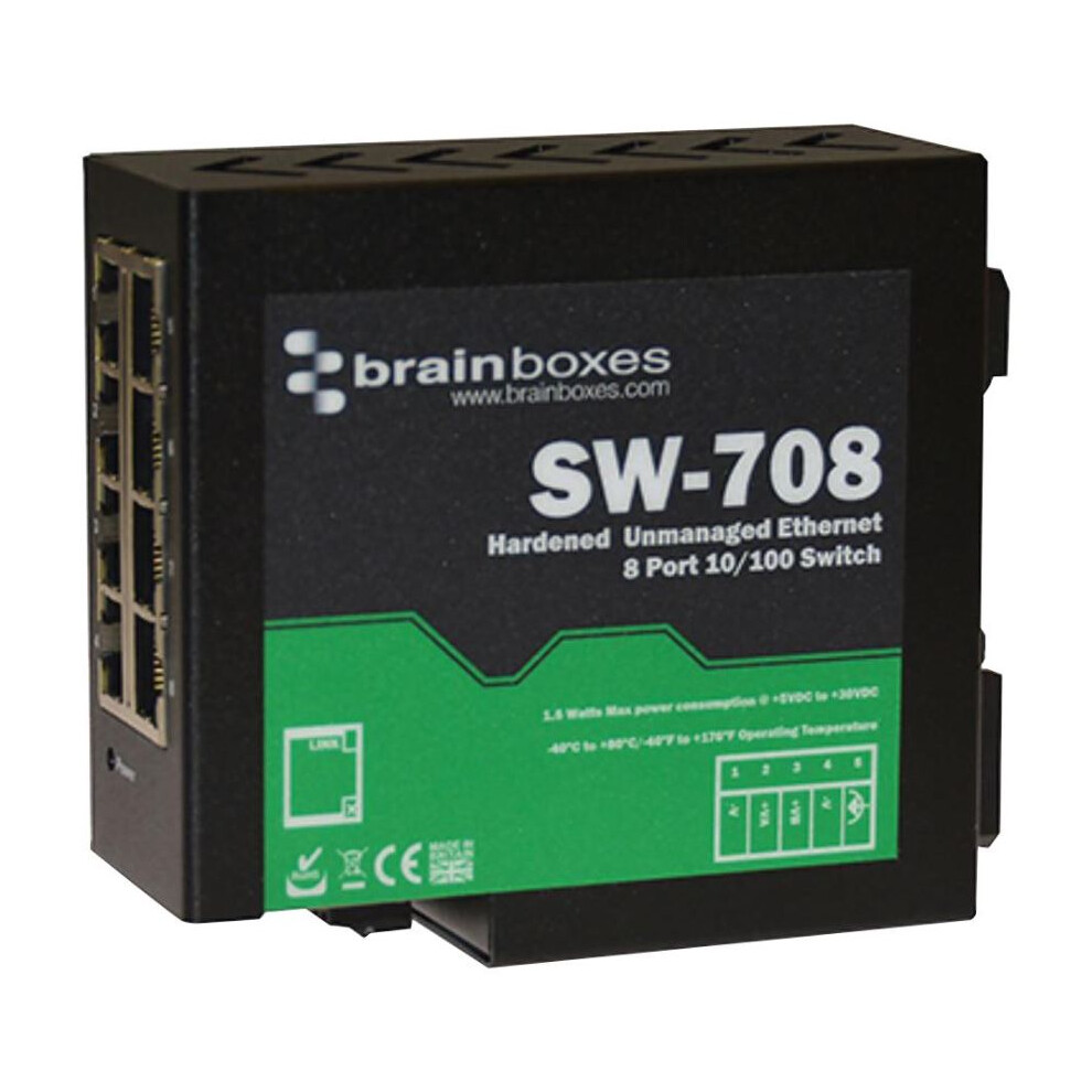 Brainboxes - 8 Port Hardened Industrial Unmanaged Ethernet Switch, Din Mountable 3561124122841