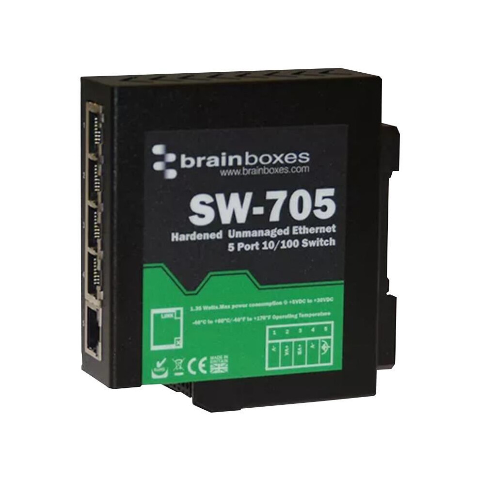 Brainboxes - 5 Port Hardened Industrial Unmanaged Ethernet Switch, Din Mountable 3561124122834