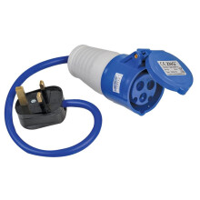 PRO ELEC - 16A, 230V, 1 Gang UK 13A Mains Plug to CEE Socket Extension Lead, 2P+E, Blue, 350mm