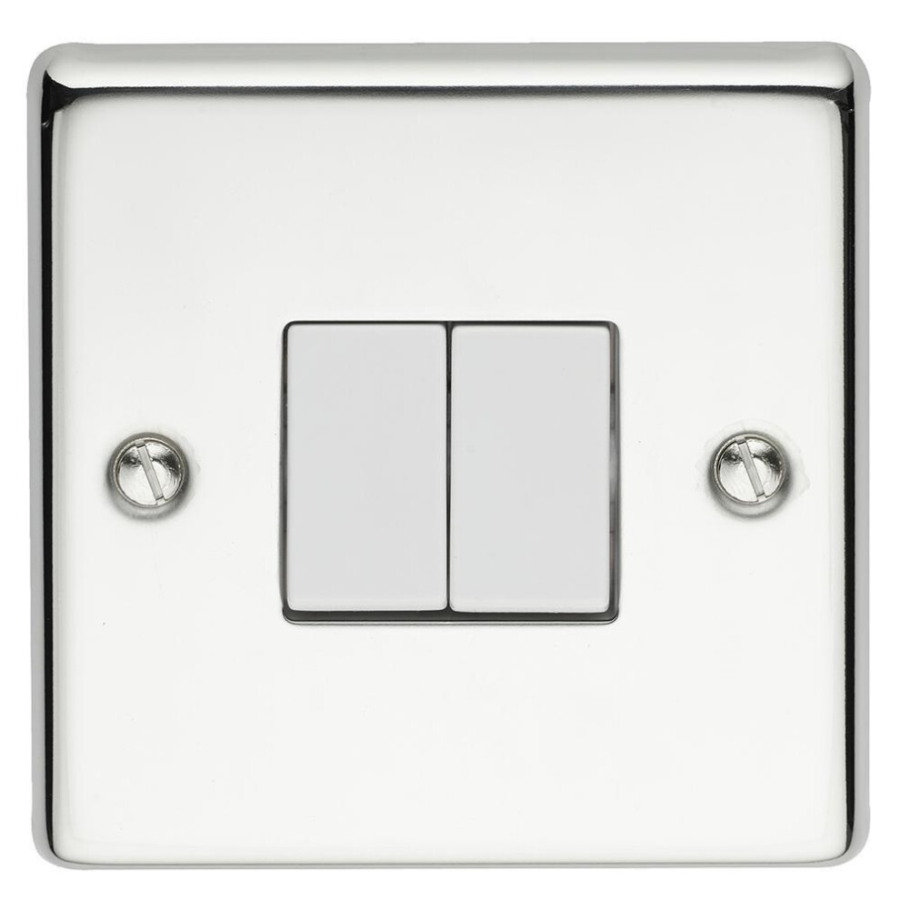 Volex - 2 Gang 2 Way 10Ax Angled Edge Light Switch, Polished Chrome / White 5010620529992