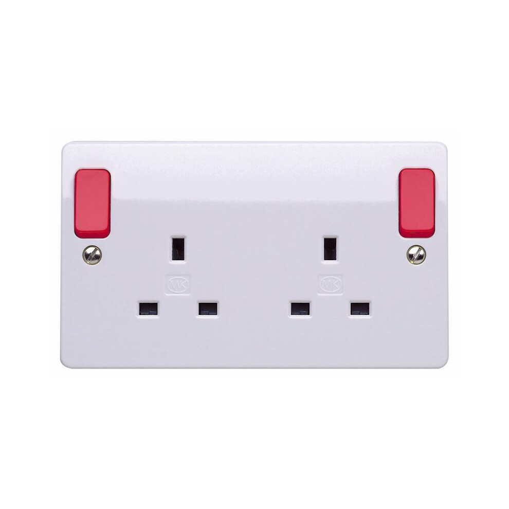 Mk - 2 Gang 13A Dp Switched Plug Socket With Red Outboard Rockers 5017490242617