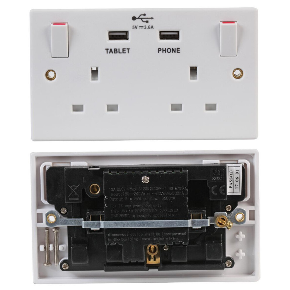 Pro Elec - 2-Gang Switched Mains Socket With 2X Usb Sockets, 13A 3341844152867