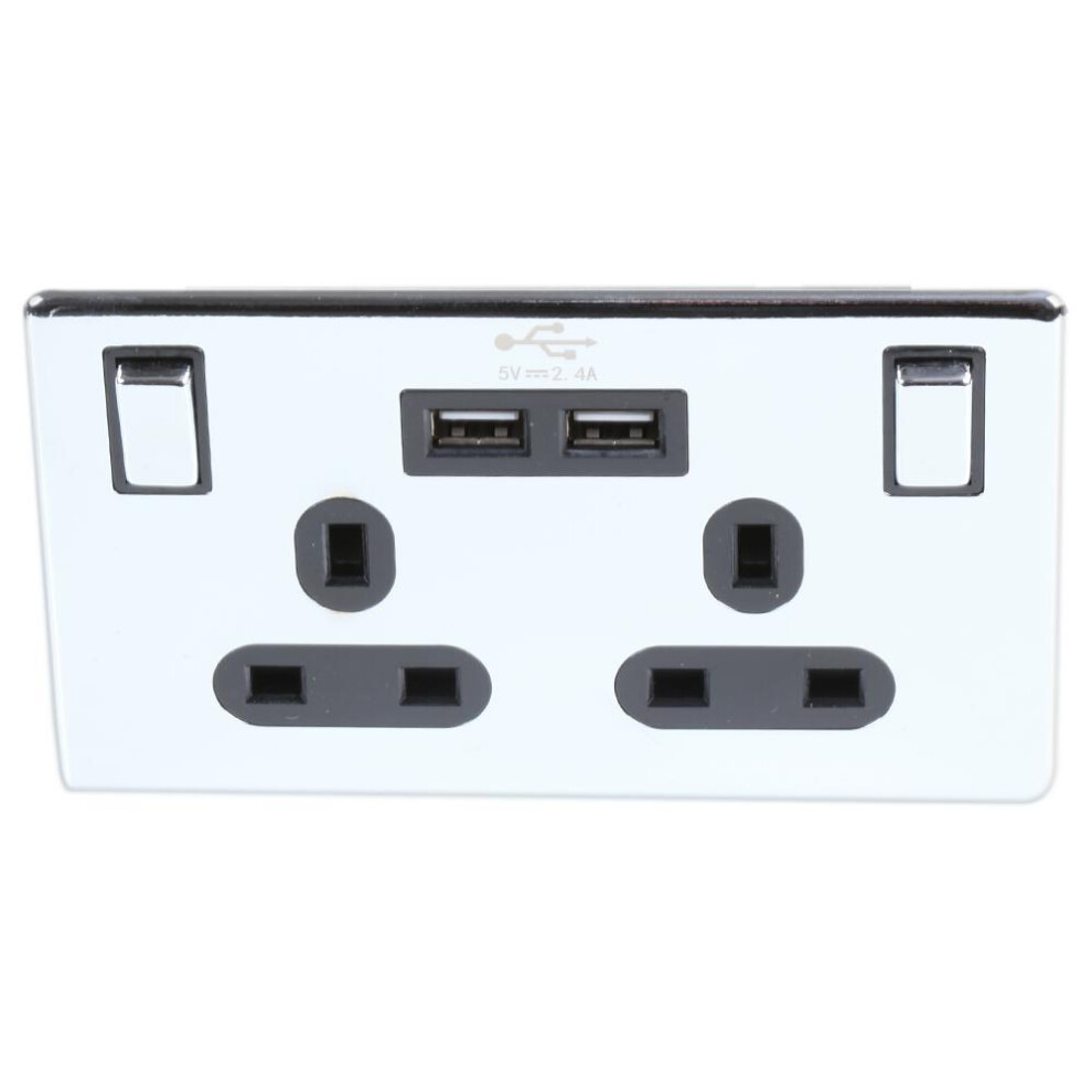 Pro Elec Screwless Switched Socket With 2 Usb Ports 2 Gang 13A Black Nickel 3341844192009