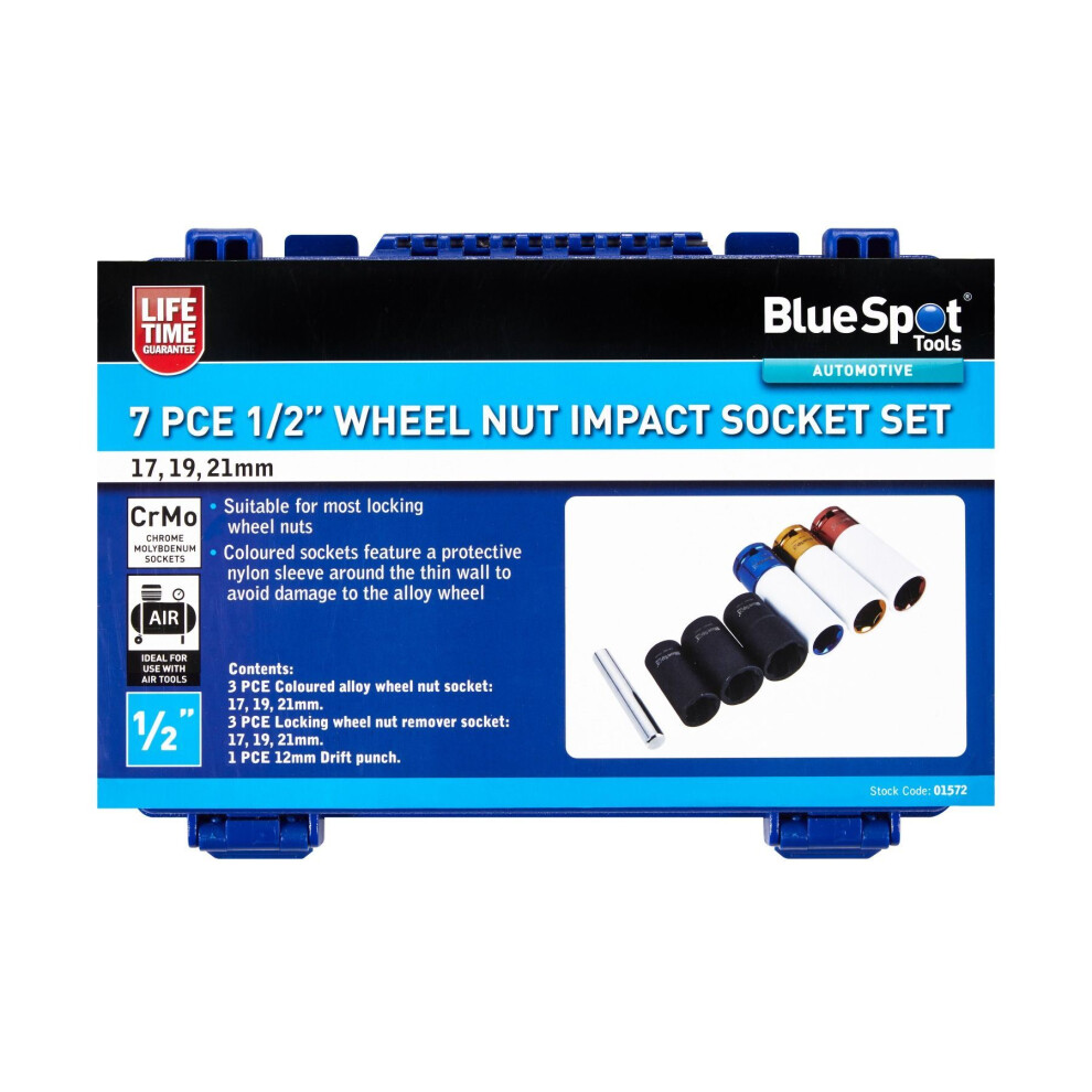 Spot Spot Tools - 7 Pce ½ Wheel Nut Impact Socket Set (17, 19, 21Mm) Blue