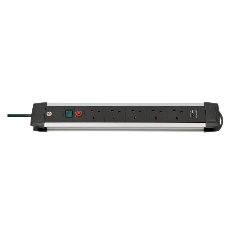Brennenstuhl - Premium-Alu-Line Fb Mains Extension Lead With Usb Charging, 5 Gang, 3M Lead, Black 3561214172657