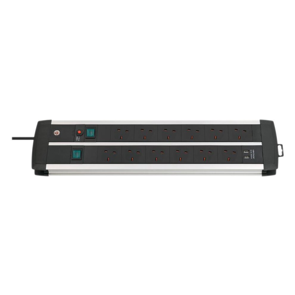 Brennenstuhl - Premium-Duo-Alu-Line Mains Extension Lead With Usb Charging, 12 Gang, 3M Lead, Black 3561214172664