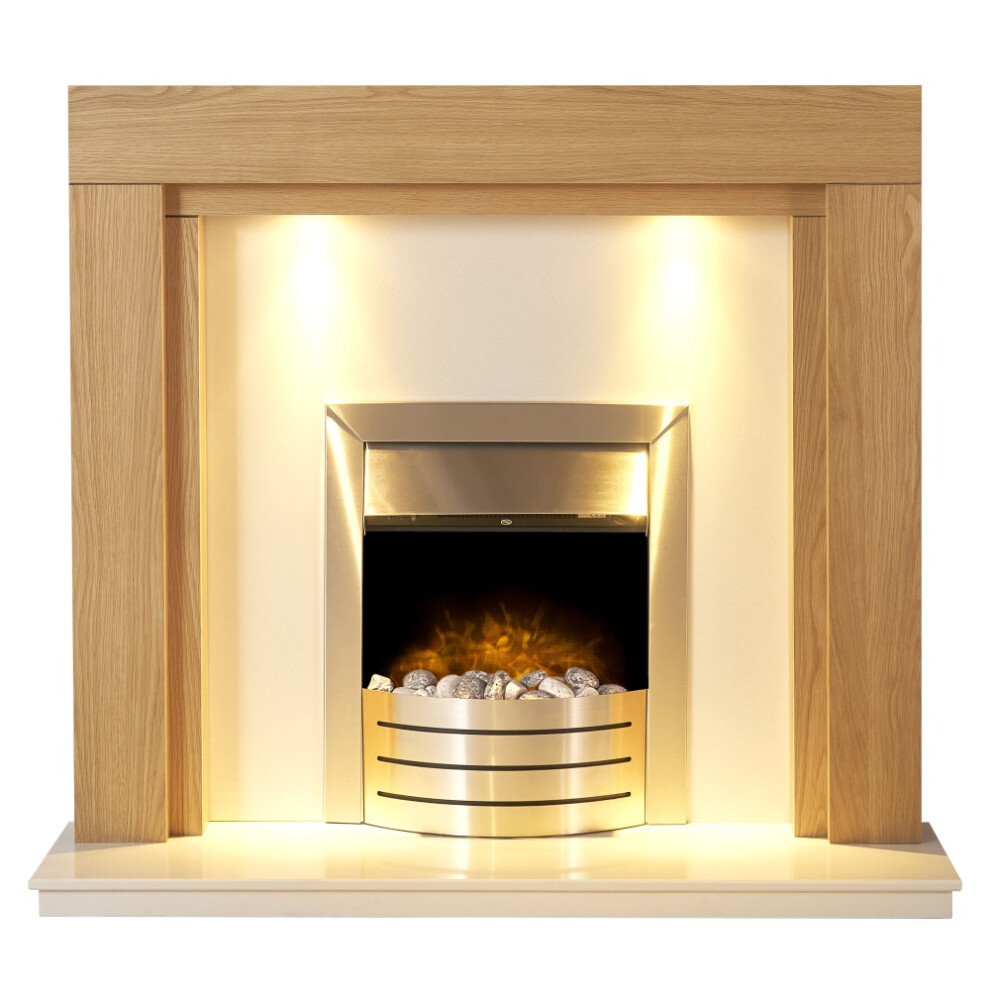 Adam Fenwick in Oak & White Marble with Downlights & Comet Electric Fire in Brushed Steel, 48 Inch