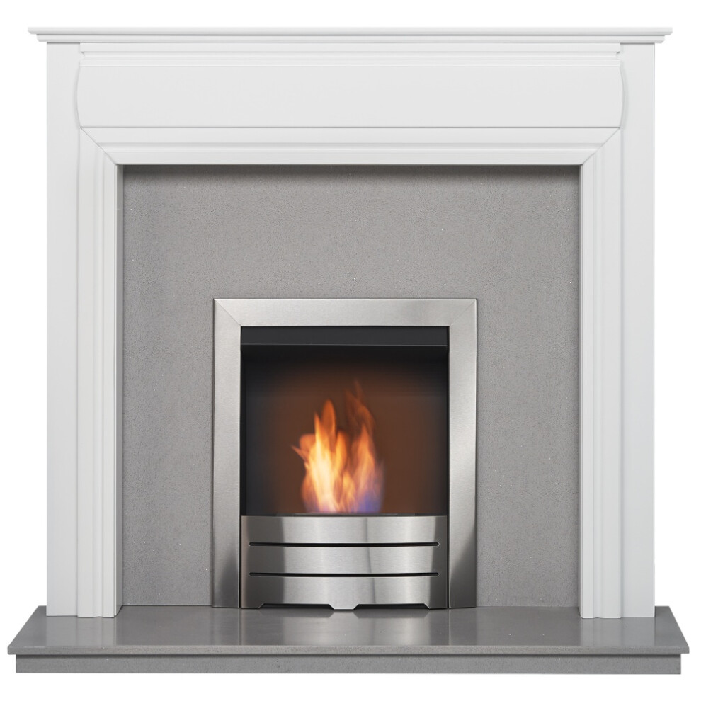 Adam Honley Fireplace in Pure White & Sparkly Grey Marble with Bio Ethanol Fire, 48 Inch